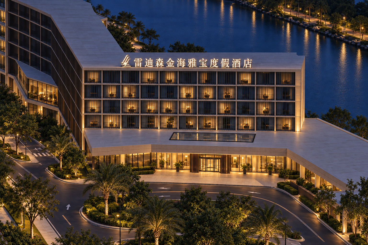 10 · 入口侧楼顶发光字 / 夜景